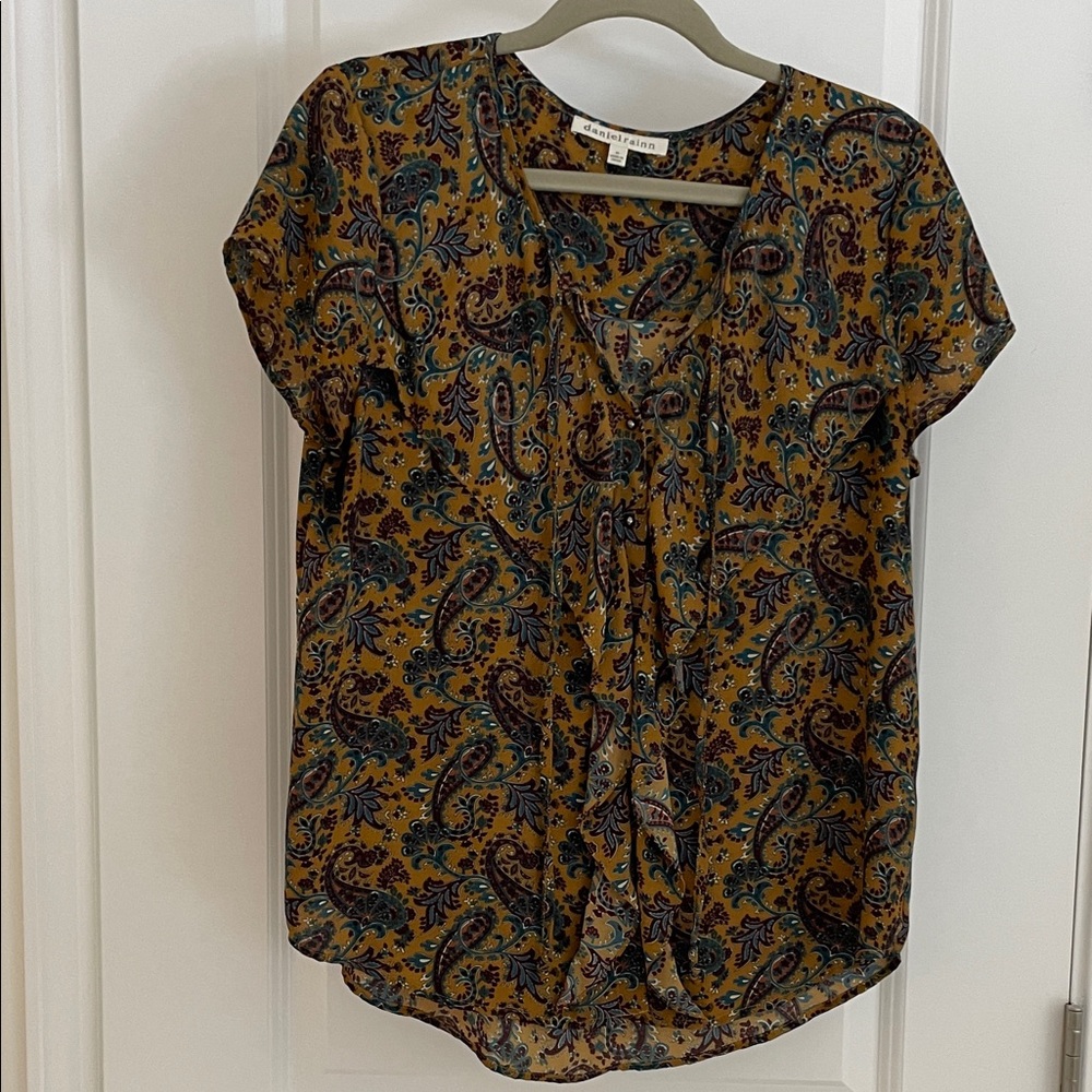 Daniel Rainn Mustard Paisley Cap-Sleeve Blouse with Teal Accents